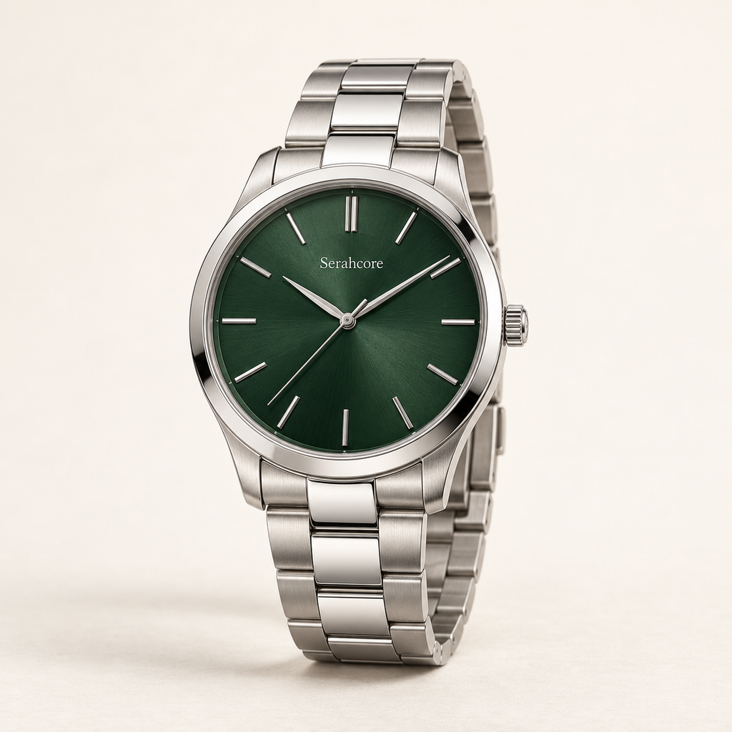 Serahcore Atlas Forest men’s watch in Forest / Silver, complete three-quarter studio view with Serahcore wordmark.