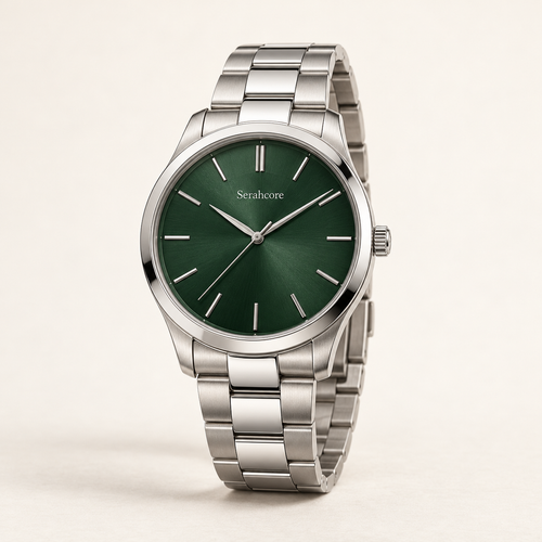 Serahcore Atlas Forest men’s watch in Forest / Silver, complete three-quarter studio view with Serahcore wordmark.