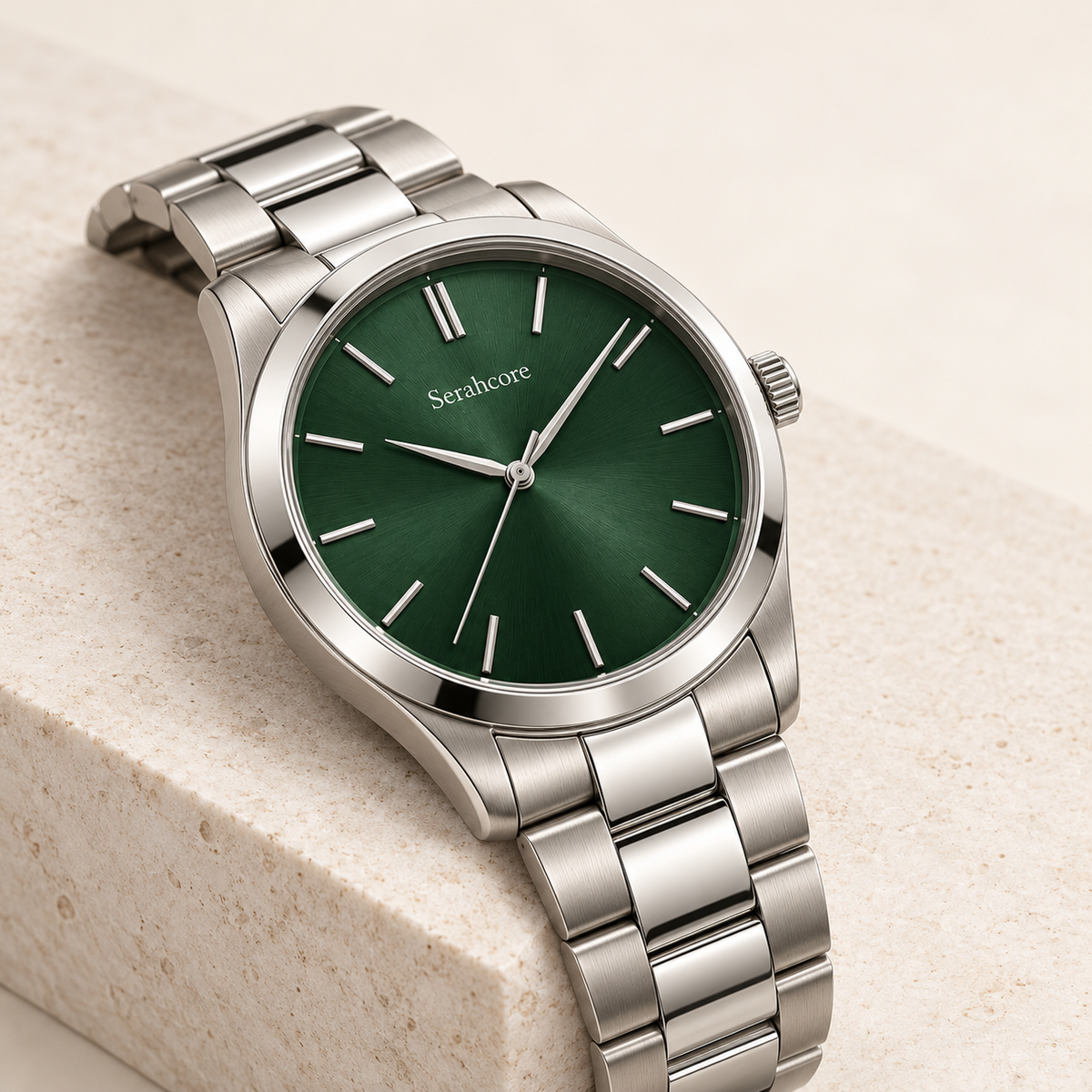 Serahcore Atlas Forest in Forest / Silver, alternate angle on pale stone showing the same Serahcore dial, case and bracelet or strap.