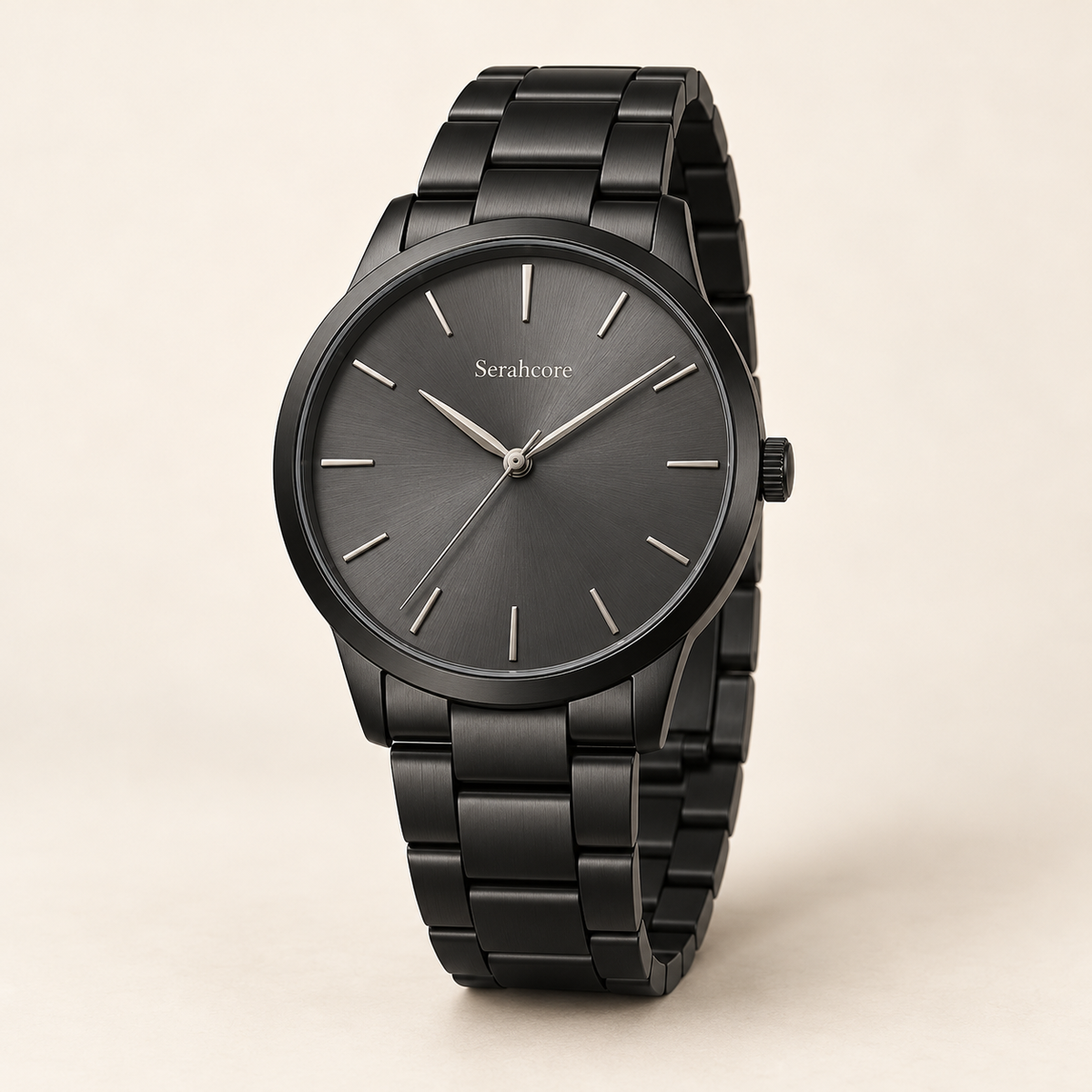 Serahcore Atlas Slate men’s watch in Slate / Black, complete three-quarter studio view with Serahcore wordmark.