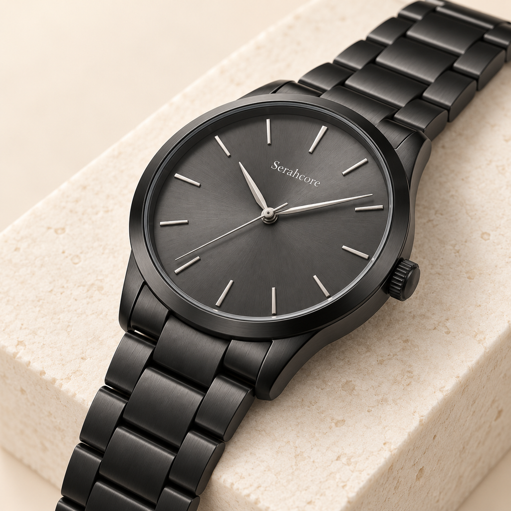 Serahcore Atlas Slate in Slate / Black, alternate angle on pale stone showing the same Serahcore dial, case and bracelet or strap.