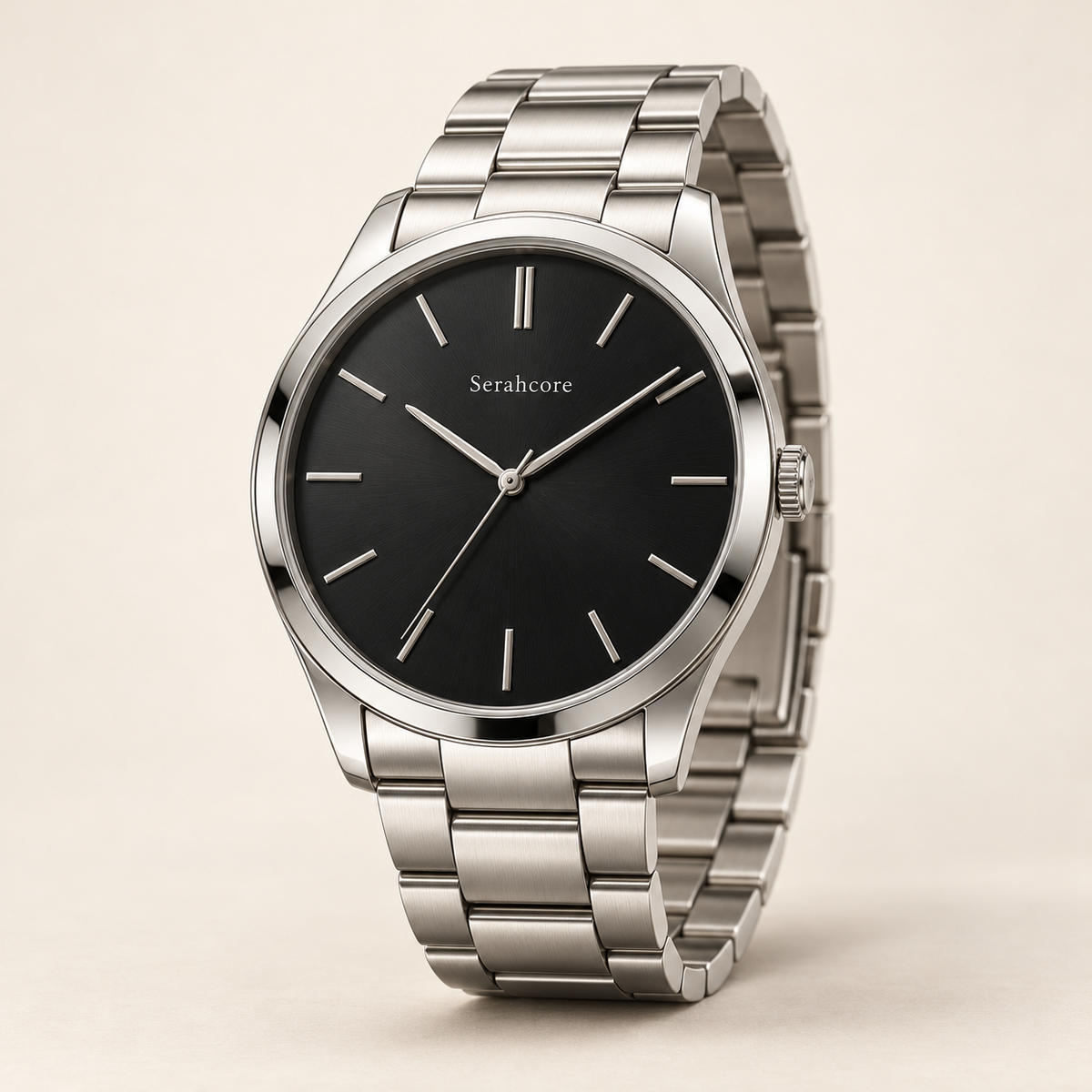 Serahcore Meridian Midnight men’s watch in Midnight / Silver, complete three-quarter studio view with Serahcore wordmark.