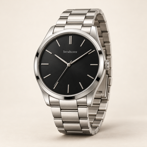 Serahcore Meridian Midnight men’s watch in Midnight / Silver, complete three-quarter studio view with Serahcore wordmark.