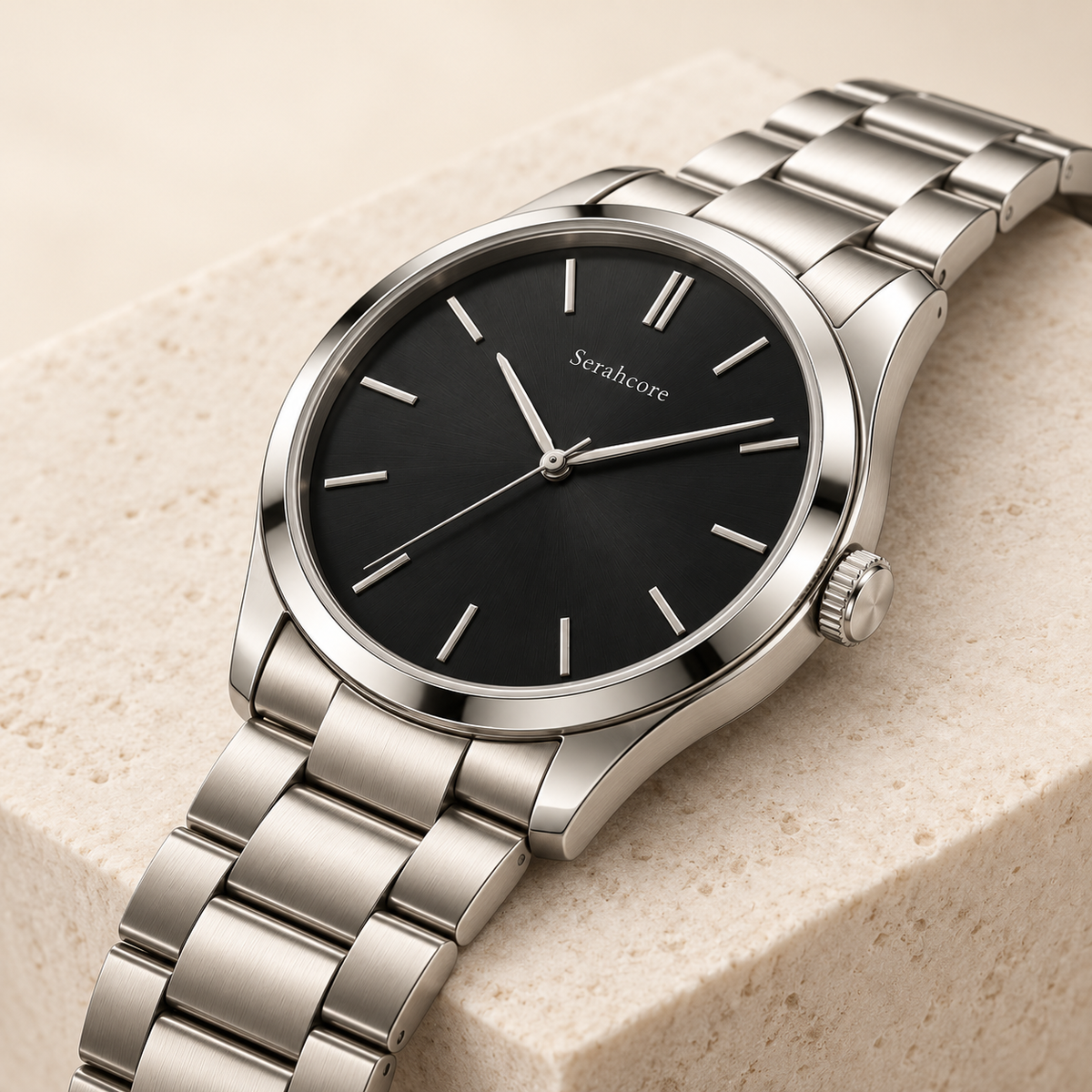 Serahcore Meridian Midnight in Midnight / Silver, alternate angle on pale stone showing the same Serahcore dial, case and bracelet or strap.