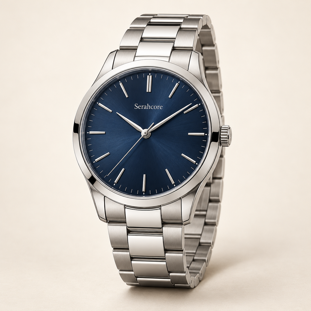 Serahcore Meridian Navy men’s watch in Navy / Silver, complete three-quarter studio view with Serahcore wordmark.