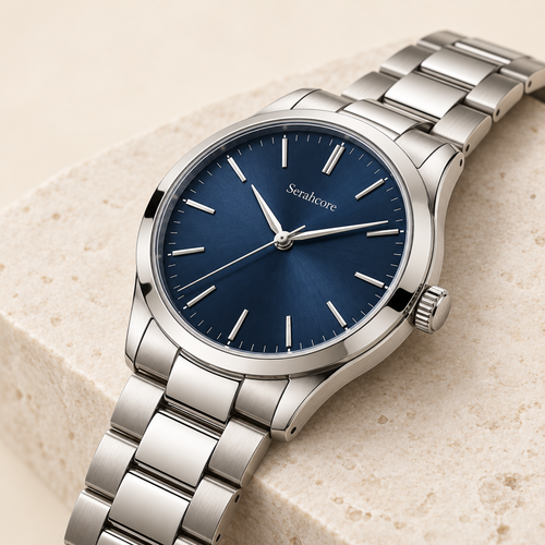 Serahcore Meridian Navy in Navy / Silver, alternate angle on pale stone showing the same Serahcore dial, case and bracelet or strap.