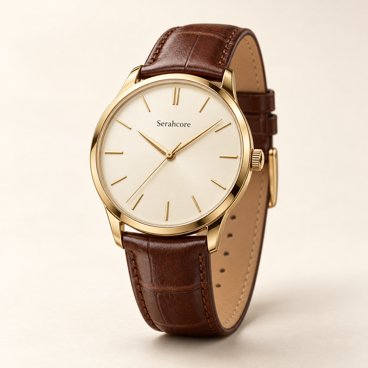 Serahcore Regent Ivory men’s watch in Ivory / Brown, complete three-quarter studio view with Serahcore wordmark.