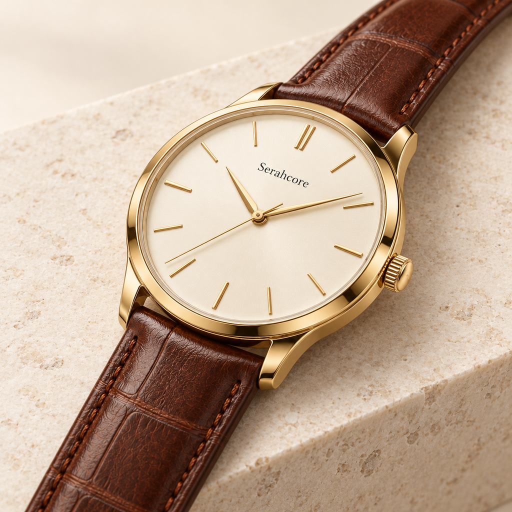 Serahcore Regent Ivory in Ivory / Brown, alternate angle on pale stone showing the same Serahcore dial, case and bracelet or strap.