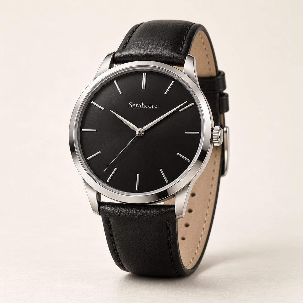 Serahcore Regent Noir men’s watch in Black / Black, complete three-quarter studio view with Serahcore wordmark.