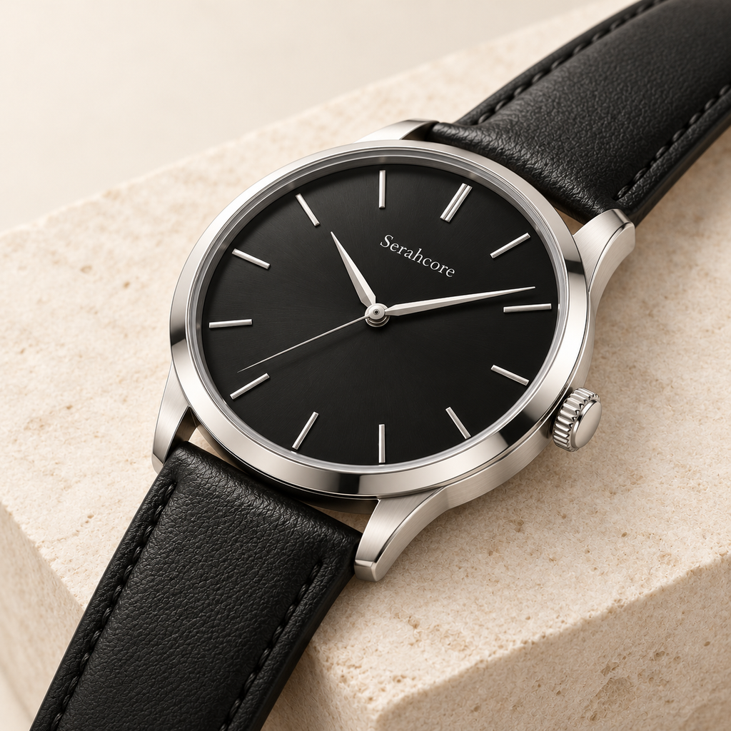 Serahcore Regent Noir in Black / Black, alternate angle on pale stone showing the same Serahcore dial, case and bracelet or strap.