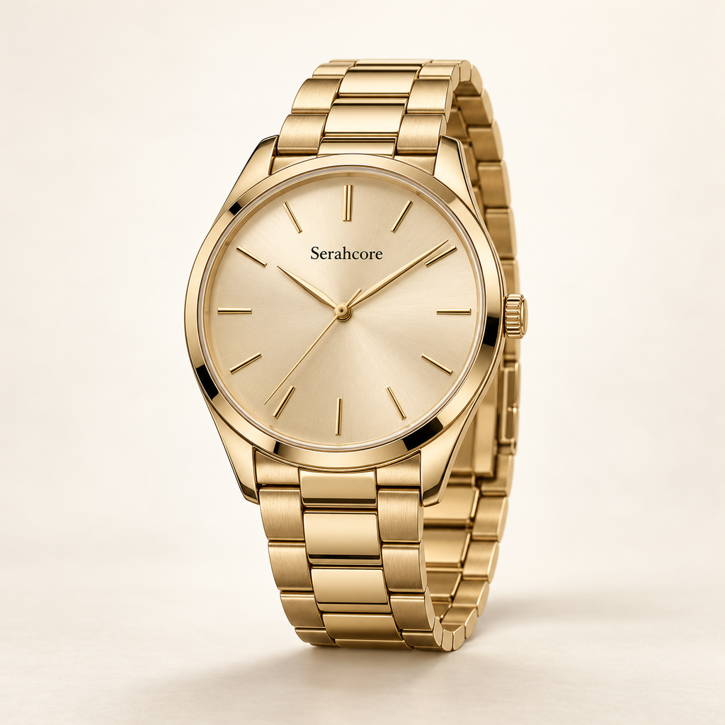 Serahcore Solstice Champagne men’s watch in Champagne / Gold, complete three-quarter studio view with Serahcore wordmark.