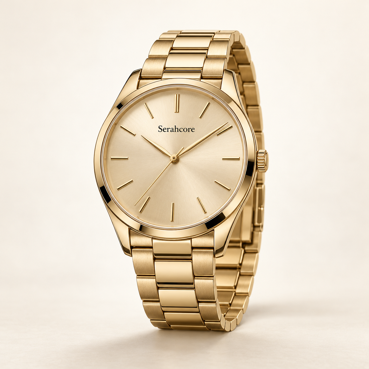 Serahcore Solstice Champagne men’s watch in Champagne / Gold, complete three-quarter studio view with Serahcore wordmark.