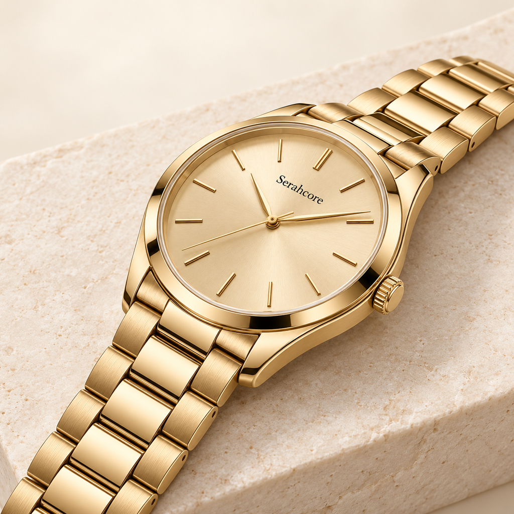 Serahcore Solstice Champagne in Champagne / Gold, alternate angle on pale stone showing the same Serahcore dial, case and bracelet or strap.