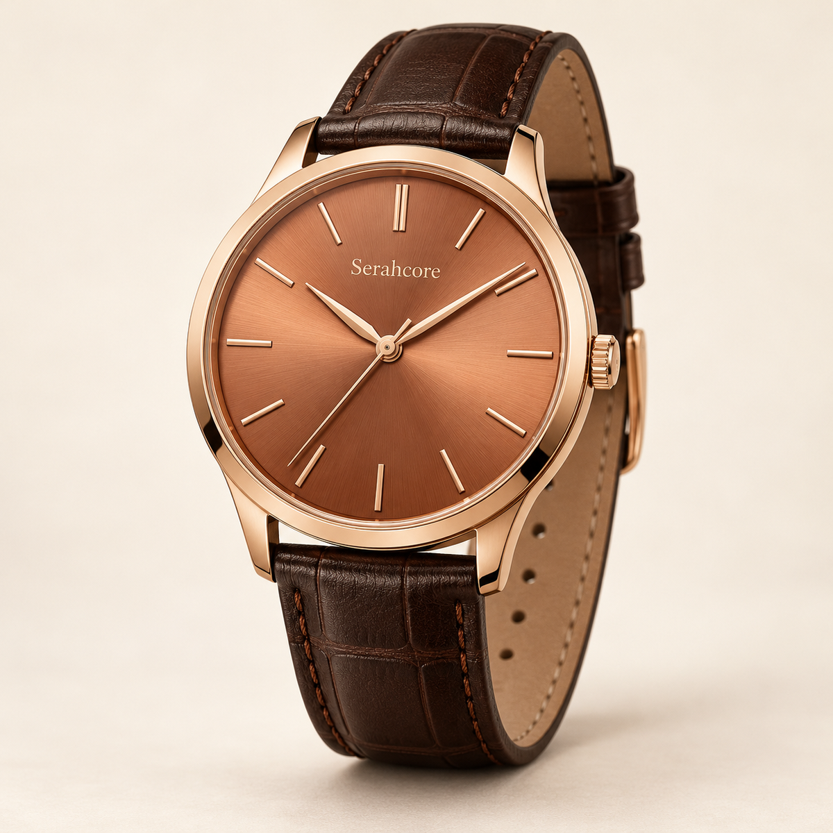 Serahcore Solstice Copper men’s watch in Copper / Brown, complete three-quarter studio view with Serahcore wordmark.