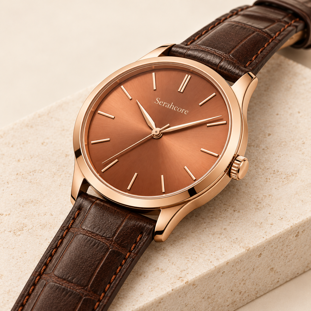 Serahcore Solstice Copper in Copper / Brown, alternate angle on pale stone showing the same Serahcore dial, case and bracelet or strap.
