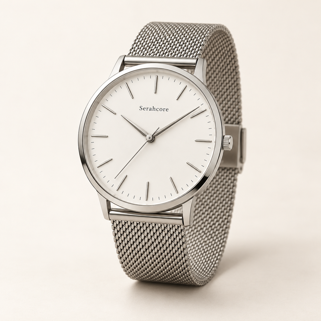Serahcore Voyager Arctic men’s watch in White / Silver, complete three-quarter studio view with Serahcore wordmark.