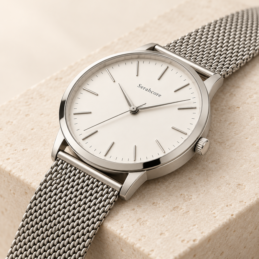Serahcore Voyager Arctic in White / Silver, alternate angle on pale stone showing the same Serahcore dial, case and bracelet or strap.