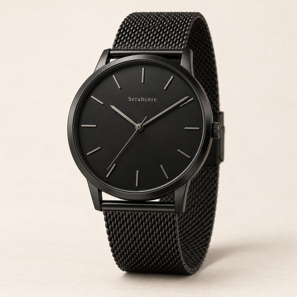 Serahcore Voyager Obsidian men’s watch in Black / Black, complete three-quarter studio view with Serahcore wordmark.
