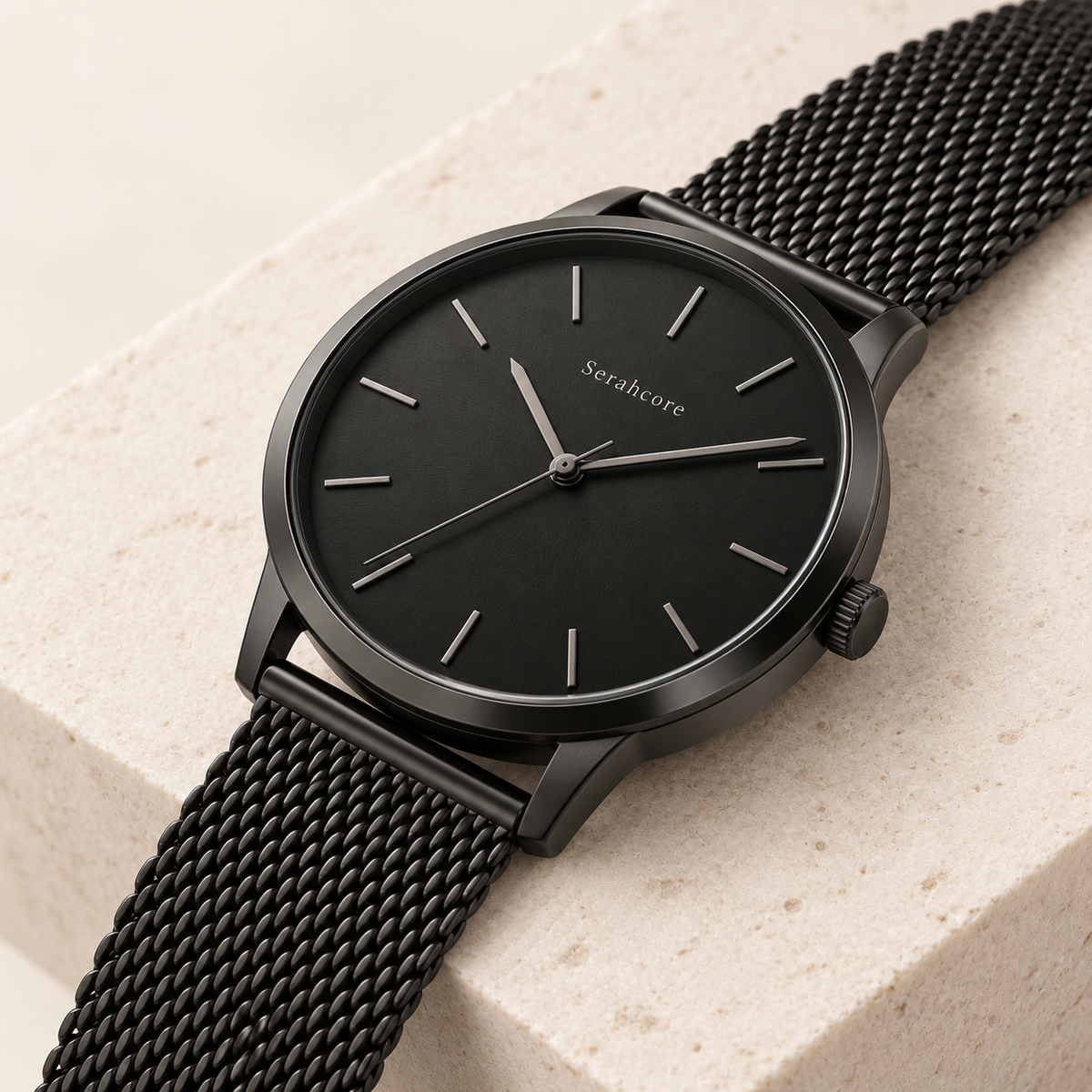 Serahcore Voyager Obsidian in Black / Black, alternate angle on pale stone showing the same Serahcore dial, case and bracelet or strap.